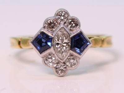   Art Deco Diamond and Sapphire 18ct Gold and Platinum Cluster Ring