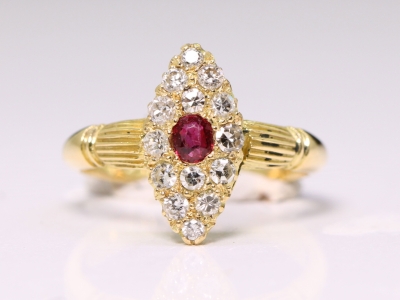 Edwardian Ruby and Diamond Navette 18ct Gold Ring