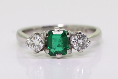 Vintage Dates 1959 Emerald and Diamond Platinum Trilogy Ring