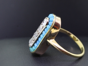FABULOUS VICTORIAN DIAMOND AND TURQUOISE 18 CARAT GOLD PLAQUE RING
