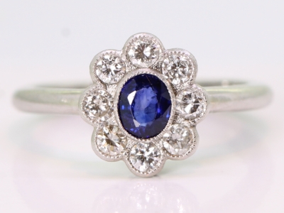 Vintage Sapphire and Diamond Platinum Cluster Ring