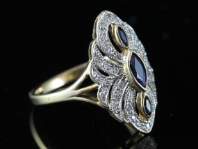 		 BEAUTIFUL NEVETTE SHAPED SAPPHIRE AND DIAMOND 9 CARAT GOLD CLUSTER RING		