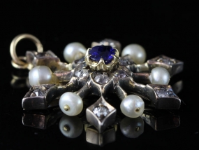 STUNNING VICTORIAN SAPPHIRE, DIAMOND AND PEARL SNOWFLAKE 15 CARAT GOLD PENDANT