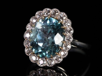  Art Deco 4ct Natural Blue Zircon and Diamond 18ct Gold Cluster Ring