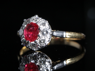Art Deco Ruby and Diamond Platinum and 18ct Gold Cluster Ring