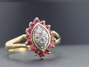 UNIQUE RUBY AND DIAMOND NAVETTE 9 CARAT GOLD RING