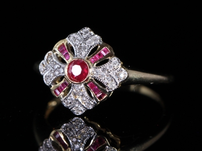 An Estate Ruby and Diamond 18ct Art Deco Style Ring