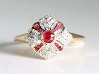 An Estate Ruby and Diamond 18ct Art Deco Style Ring