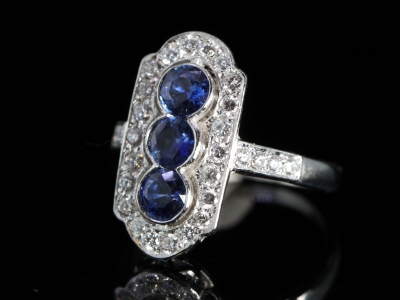 Art Deco Style Sapphire and Diamond Platinum Panel Ring