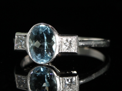 Art Deco Inspired Aquamarine and Diamond Platinum Ring