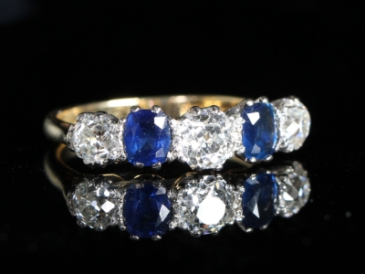  Edwardian Sapphire and Old Cut Diamond 18ct Five Stone Ring