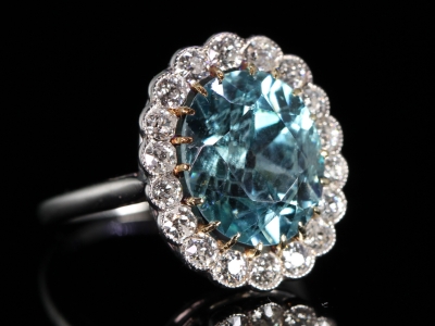  Art Deco 4ct Natural Blue Zircon and Diamond 18ct Gold Cluster Ring