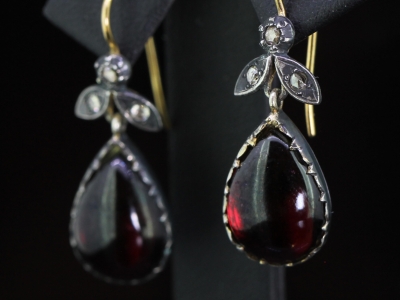 Graceful Bohemium Garnet and Diamond Drop Silver Set Earrings with 9 carat Gold Hooks