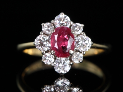 Unique Ruby and Diamond 18 carat Gold Cluster Ring