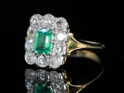 Edwardian Emerald and Diamond 18ct Gold Cluster Ring