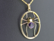 LOVELY AMETHYST AND PEARL SPIDER 9 CARAT GOLD PENDANT