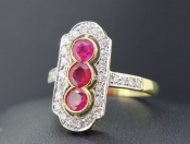 STUNNING ART DECO INSPIRED BURMESE RUBY AND DIAMOND 18 CARAT GOLD RING								  