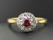 PRETTY RUBY AND DIAMOND 18 CARAT GOLD AND PLATINUM  CLUSTER RING  
