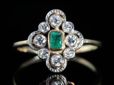 Art Deco Emerald and Diamond 18ct Gold and Platinum Ring