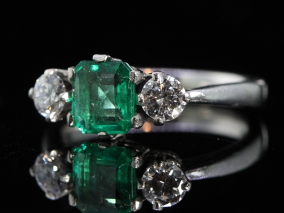 Vintage Emerald and Diamond Trilogy Platinum Ring