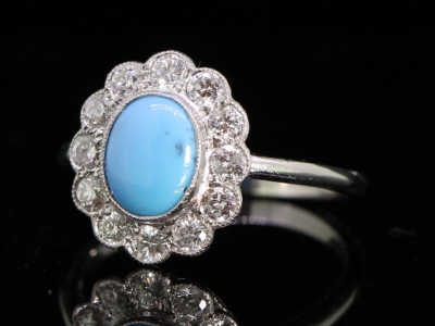 Edwardian Platinum Natural Turquoise and Diamond Cluster Ring