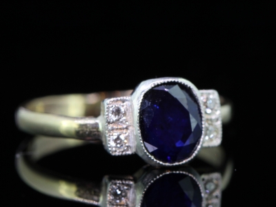SAPPHIRE AND DIAMOND ART DECO INSPIRED SILVER AND 9 CARAT GOLD RING