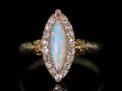 Victorian Navette Opal an Diamond 18ct Gold Ring