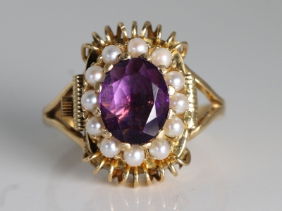 Vintage Bucherer Amethyst and Pearl Watch Ring 18ct Gold