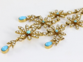 FABULOUS EDWARDIAN TURQUOISE AND PEARL 15 CARAT GOLD NECKLACE 