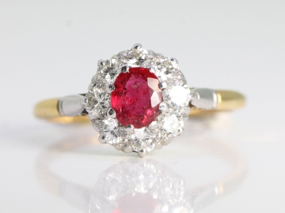 Art Deco Ruby and Diamond Platinum and 18ct Gold Cluster Ring