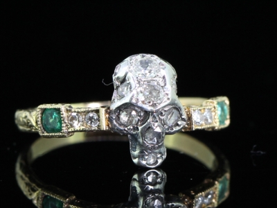 Wonderful Diamond Set Silver Skull and Emerald and Diamond 18 Carat Gold Mourning Ring