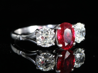 Art Deco Natural Ruby and Diamond 18ct Gold Trilogy Ring