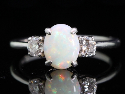  Classic Australian Opal and Diamond Platinum Trilogy Ring