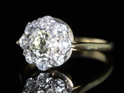 Edwardian Old Mined 2ct Diamond 18ct Gold Cluster Ring