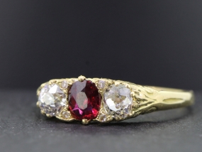  GORGEOUS VICTORIAN RUBY AND DIAMOND 18 CARAT GOLD CARVED HALF HOOP RING