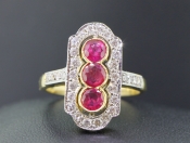 STUNNING ART DECO INSPIRED BURMESE RUBY AND DIAMOND 18 CARAT GOLD RING								  