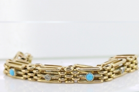 GORGEOUS EDWARDIAN DIAMOND AND TURQUOISE 15 CARAT GOLD BRACELET