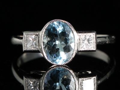 Art Deco Inspired Aquamarine and Diamond Platinum Ring