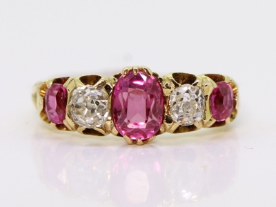 Edwardian Burmese Ruby and Diamond Five Stone 18ct Gold Ring