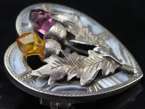 FABULOUS STIRLING SILVER SCOTTISH LACE AGATE CITRINE, AMETHYST HEART THISTLE  BROOCH