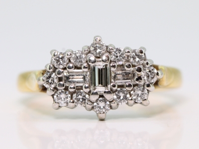 Beautiful Baguette and Brilliant Cut Diamond Cluster 18 Carat Gold Ring