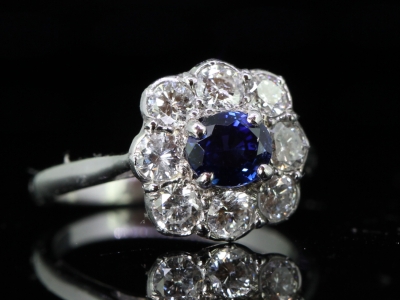Beautiful Sapphire and Diamond Platinum Cluster Ring