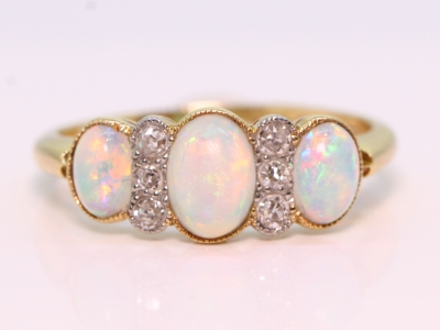  Victorian Three Stone Opal and Diamond 18ct Gold Ring