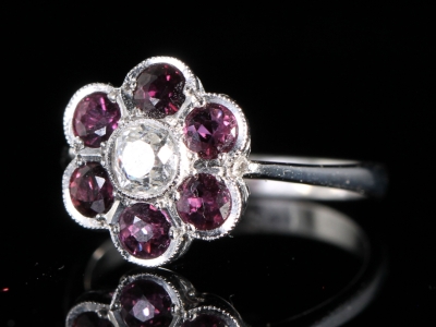 Edwardian Diamond and Natural Ruby 18ct Gold Cluster Ring