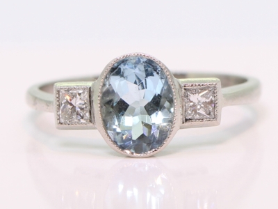 Art Deco Inspired Aquamarine and Diamond Platinum Ring