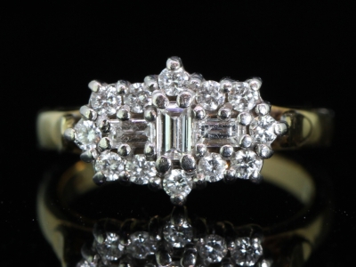 Beautiful Baguette and Brilliant Cut Diamond Cluster 18 Carat Gold Ring