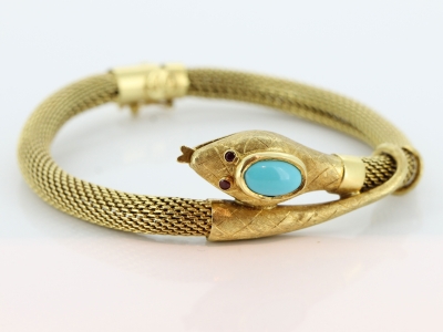 Incredible 18 Carat Gold Turquoise Ruby Snake Bracelet