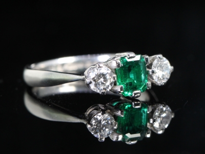 Vintage Dates 1959 Emerald and Diamond Platinum Trilogy Ring