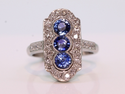 Art Deco Style Sapphire and Diamond Platinum Panel Ring