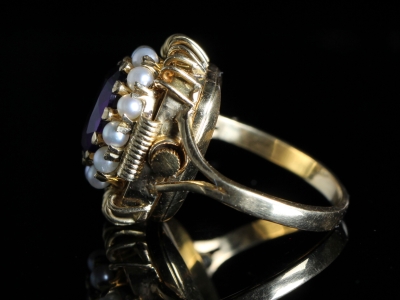 Vintage Bucherer Amethyst and Pearl Watch Ring 18ct Gold